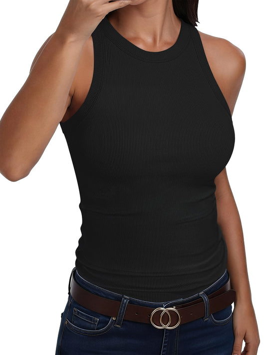 ANRABESS Sleeveless Tank Tops for Women High Neck Racerback Ribbed Knit Top Summer 2026 Casual Basic Slim Fit Workout Shirts Black Large