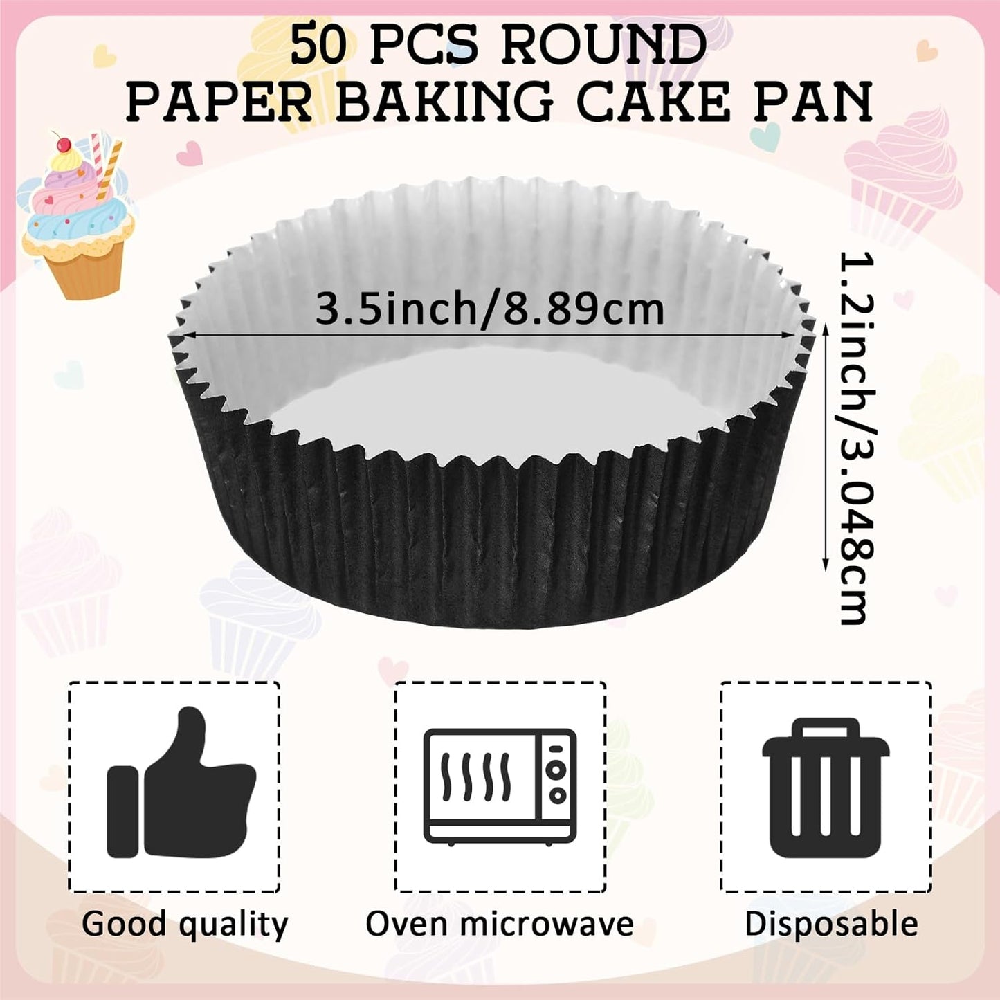 Uiifan Disposable Round Cupcake Liners - Microwave Safe Baking Cups for Snacks & Cakes | Black, 50 Pcs