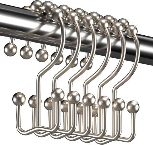 Titanker Shower Curtain Hooks - Rust Resistant Metal Double Glide for Easy Use | Set of 12, Nickel Finish