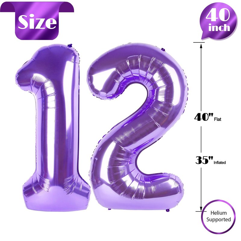 Purple Number 12 Balloon 40 Inch, 12th Birthday Party Decorations for Children, Giant 12 Foil Balloon for Party Supplies