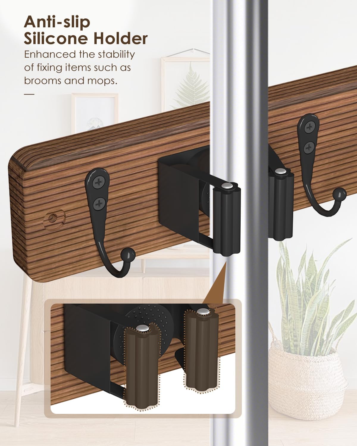 Skiennix Wall Mounted Broom Holder - 4 Holders & Hooks for Easy Mop Storage | Natural Pine Wood