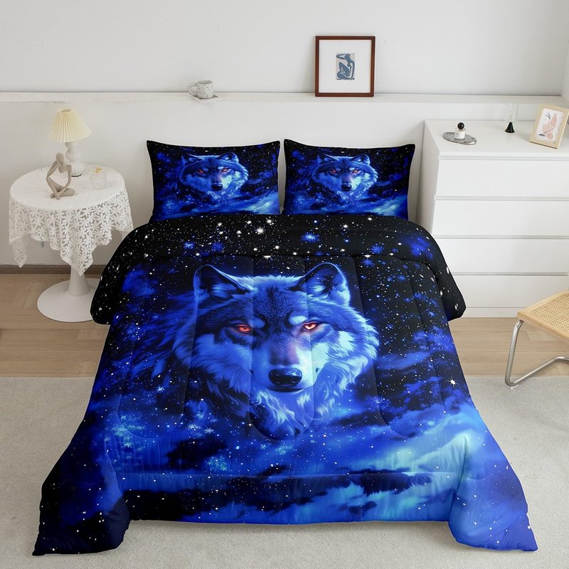 Feelyou Wolf Comforter Set Twin Size Wolves Howling Comforter for Boys Girls Teens Animal Wolves Bedding Set Mountain Moon Wolf Duvet Set Room Decor Ocean Blue Quilt Set