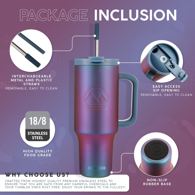 FAHRMOSIS 40 Oz Tumbler with Handle and Straw Insulated Cup that Fits in Cup Holder for Hot & Cold Drinks Leak Proof Tumbler with Straw Stainless Steel Travel Mug for Men & Women - Violet