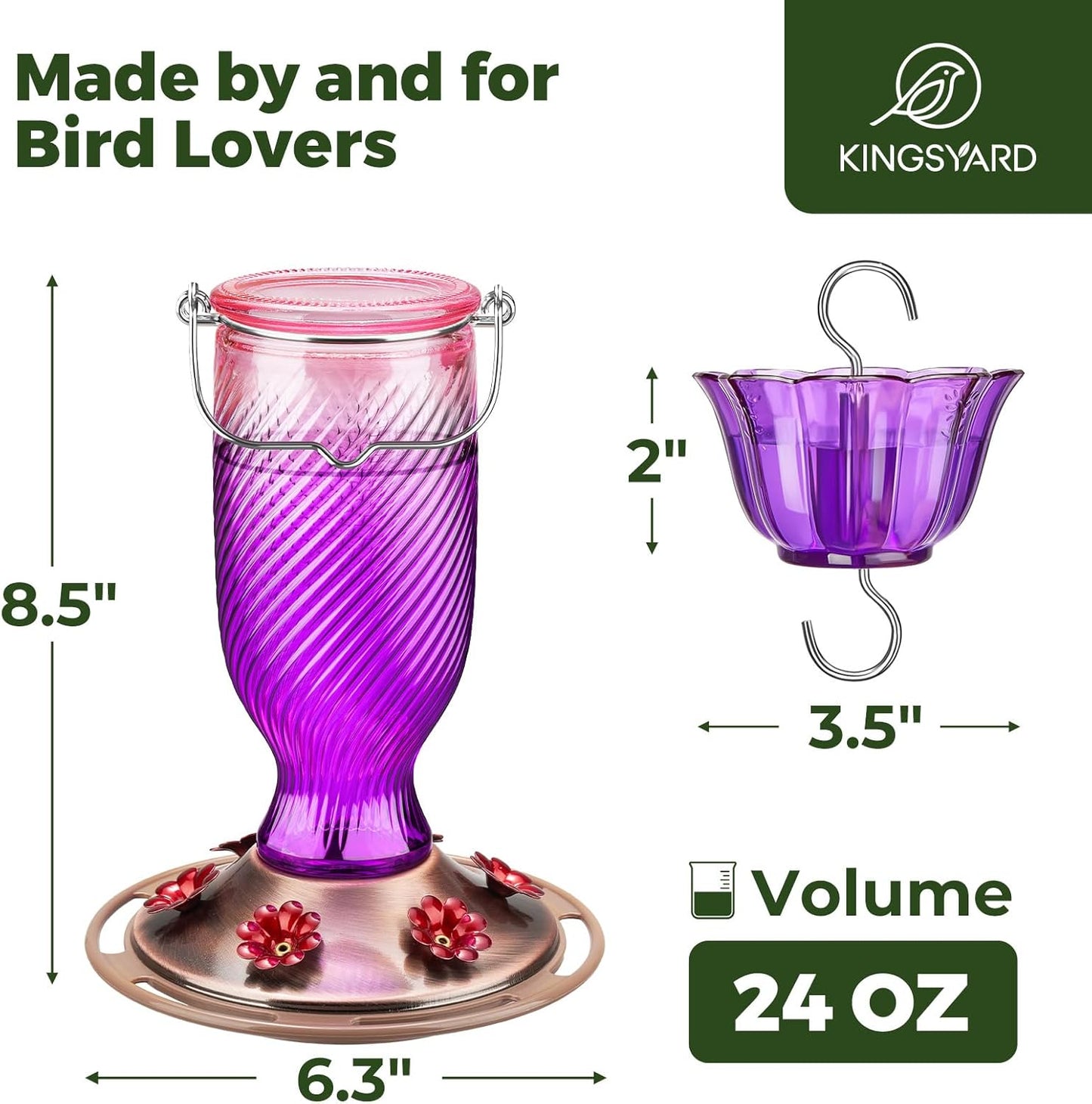 Kingsyard Hummingbird Feeder - 24 oz Outdoor Nectar Feeder with 6 Ports & Ant Moat | Easy Clean Purple