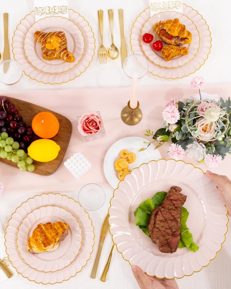 YOUBET 175PCS Pink Scalloped Plastic Plates - Gold Disposable Dinnerware Set Include 50 Plates, 75 Gold Silverware, 25 Cups, 25 Napkins for Party & Wedding & Baby Shower Mothers Day