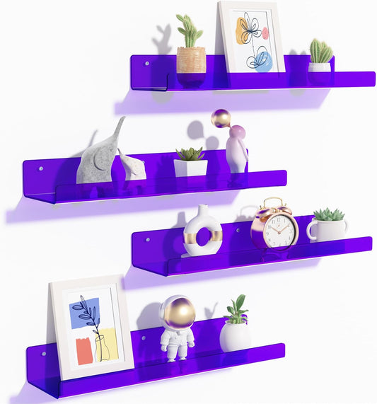 Upsimples Acrylic Wall Shelves - 15" Floating Display Shelf Set for Perfume & Books | Clear Purple, 4 Pack