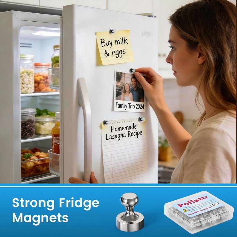 Fridge Magnets, Refrigerator Magnets, 20PCS Small Strong Magnets for Whiteboard, Magnetic Push Pins Perfect for Office Classroom Kitchen Accessories Sliver
