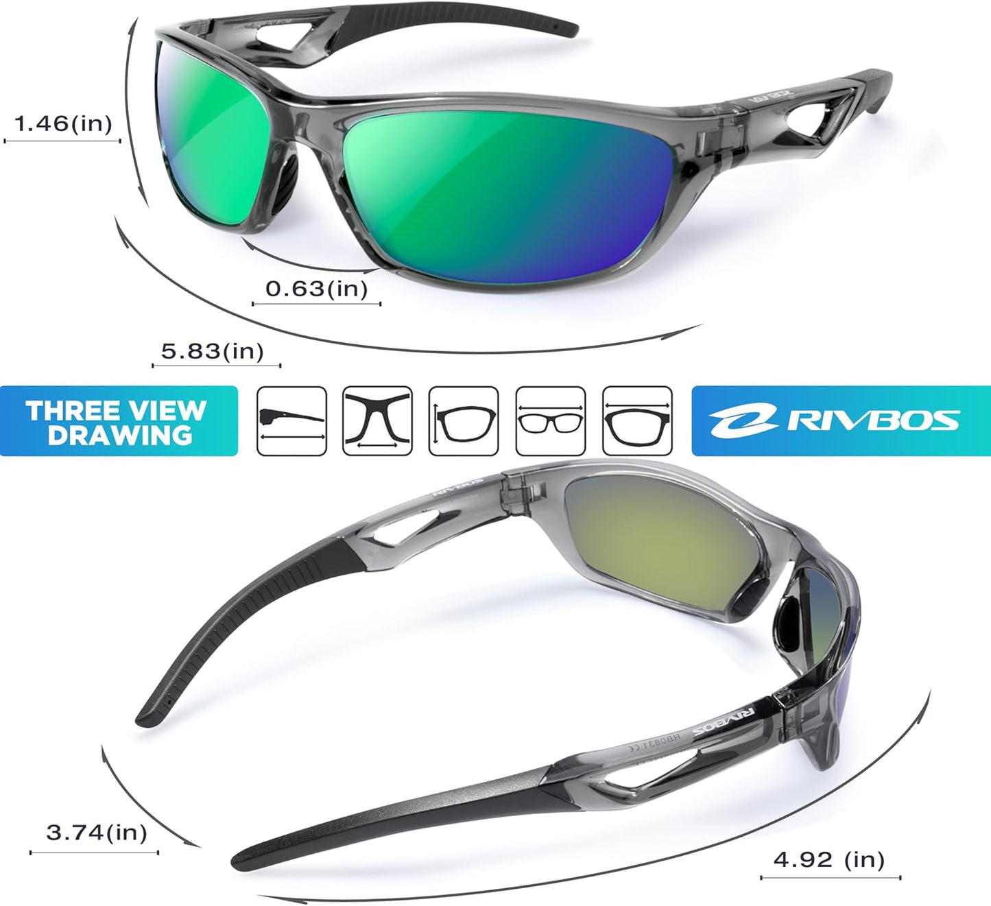 RIVBOS Polarized Sports Sunglasses for Men & Women - TR90 Frame for Cycling, Fishing, Running