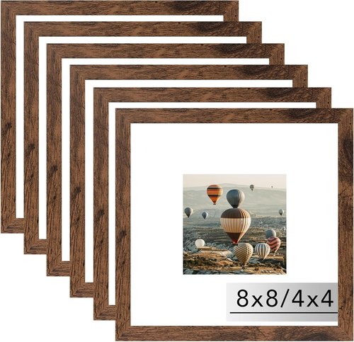 JCJMY 8x8 Picture Frame Set of 6 - Versatile Wall Hanging & Tabletop Display in Deep Brown