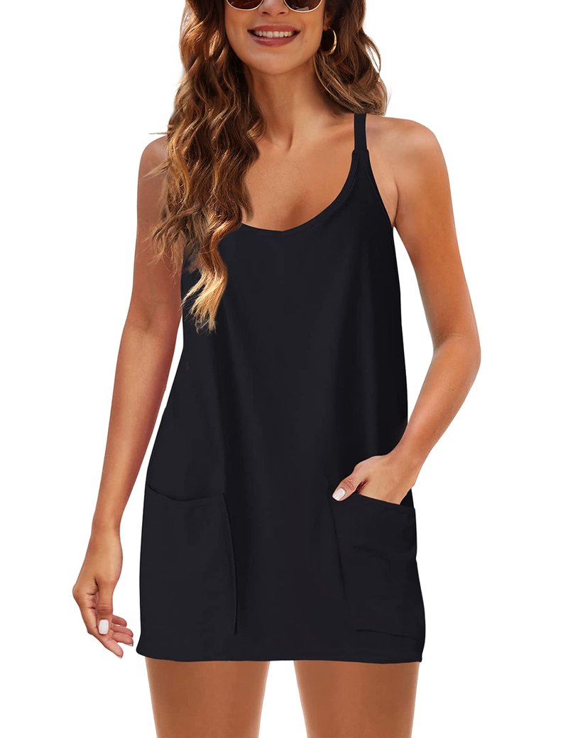Lentta Womens Athletic Sleeveless Mini Dress with Built-in Shorts V Neck Spaghetti Strap Sundress(Black-XL)