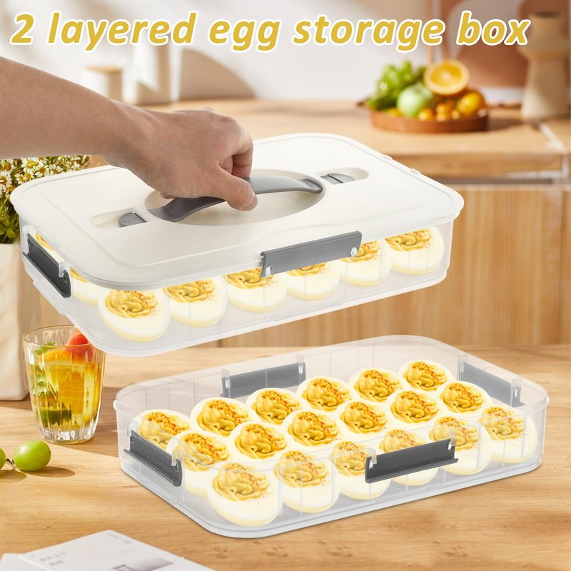 FMOACEN 2-Layer Deviled Egg Containers with Lid, 36 Slots Deviled Egg Tray Carrier with Lid Clear Eggs Storage Box Portable Egg Holder Platter with Handle for Easter Party Home Kitchen Supplies