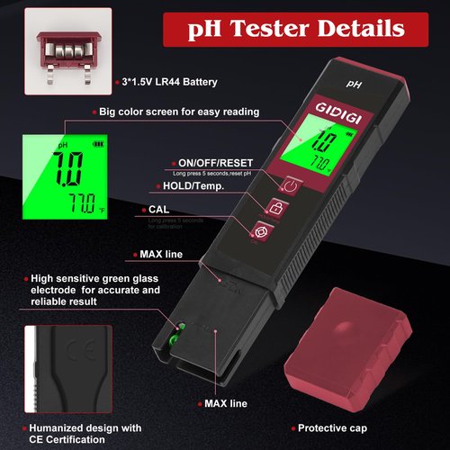 GIDIGI Digital pH Meter High Accuracy UL-Certified Water Tester with 6 Packs Calibration Powders Color LCD Backlit Display with pH Test Strip for Pools Hydroponics Aquariums Hot Tubs Drinking Water