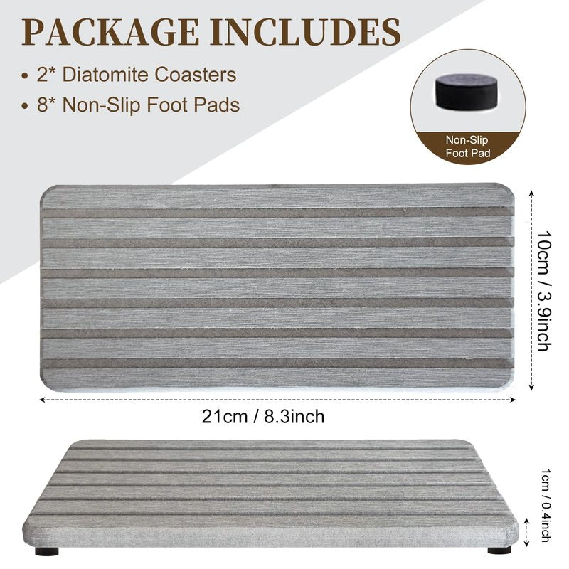 2 PCS Water Absorbent Diatomite Rectangle Coasters with Grooved Design - Thirsty Absorbing Stone Tray for Soaps Dish, Hand Soaps, Plants, Toiletries - Keep Bathroom & Kitchen Counter Tops Dry & Tidy