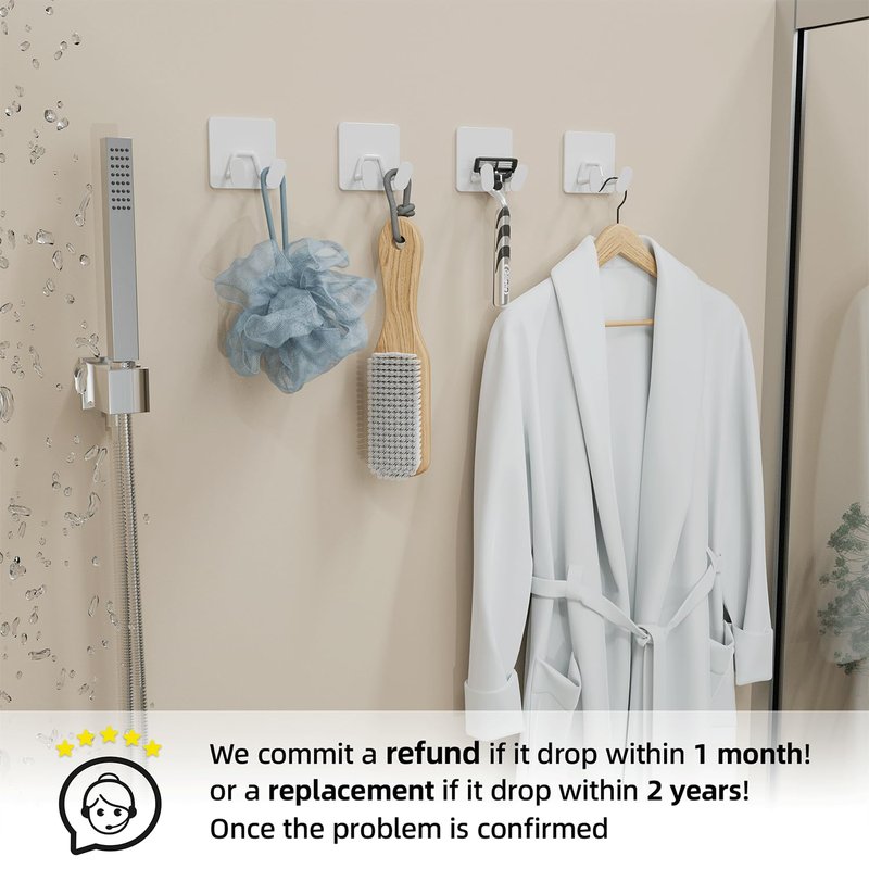 susswiff Adhesive Shower Hooks for Inside - Extra Sticky Stainless, Razor Holder Shower Accessories, Wall Mounted Self-Adhesive Double Hooks for Razor, Loofah, Towel, Shaver, Coat, Key, White, 4 Pack