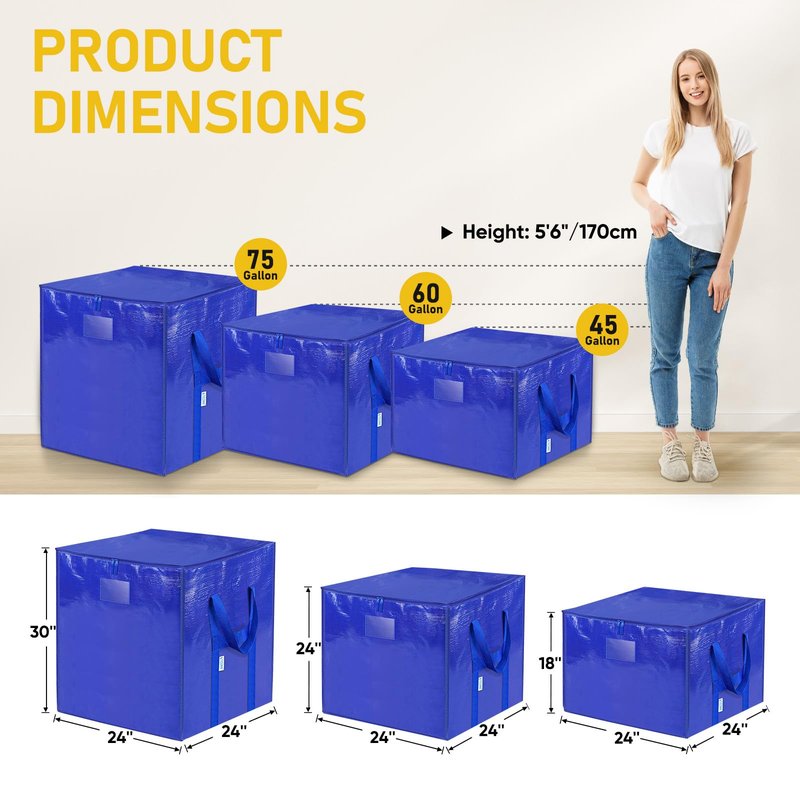 TICONN 2 Pack Extra Large Moving Bags with Zippers & Carrying Handles, Heavy-Duty Storage Tote Moving Boxes for Space Saving (2 PK, 75 Gallon)