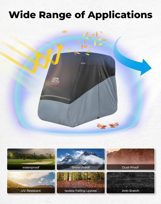 KEMIMOTO Golf Cart Cover 2 Seater, Universal 600D Waterproof Golf Cart Rain Cover with Storage Bag Compatible with EZGO Club Car 2 Passenger, Gray