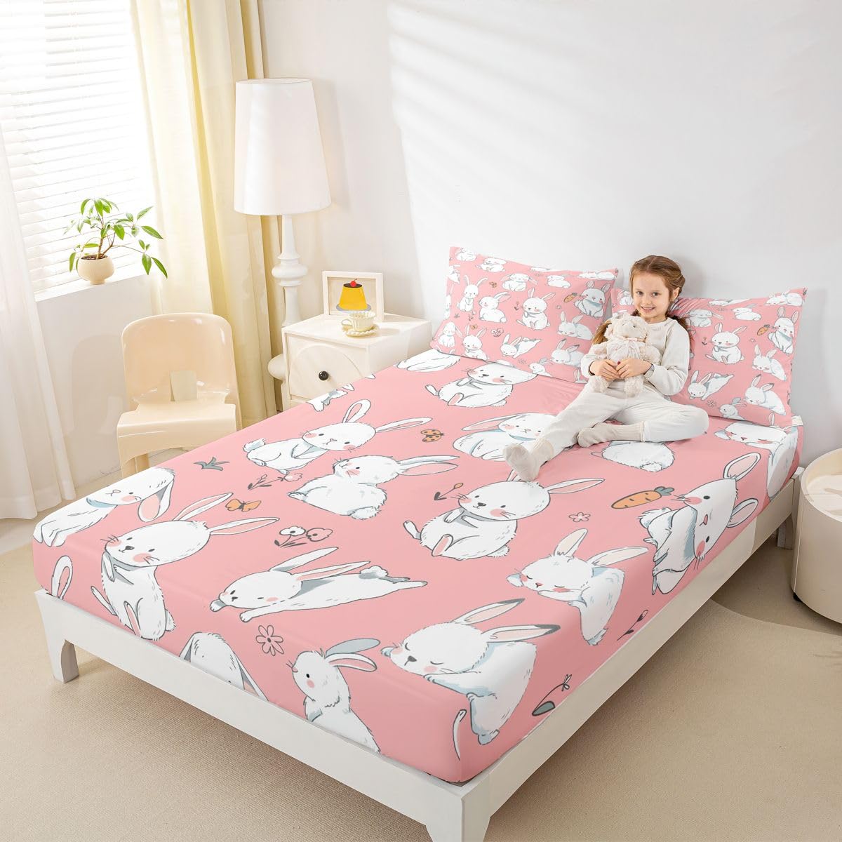 Erosebridal Cute Rabbit Sheet Set Cartoon Bunny Rabbit Pink Fitted Sheet Groovy Flowers Print Bed Sheets Easter Decor Flat Sheet for Kids Boys Girls King Size with 2 Pillowcases