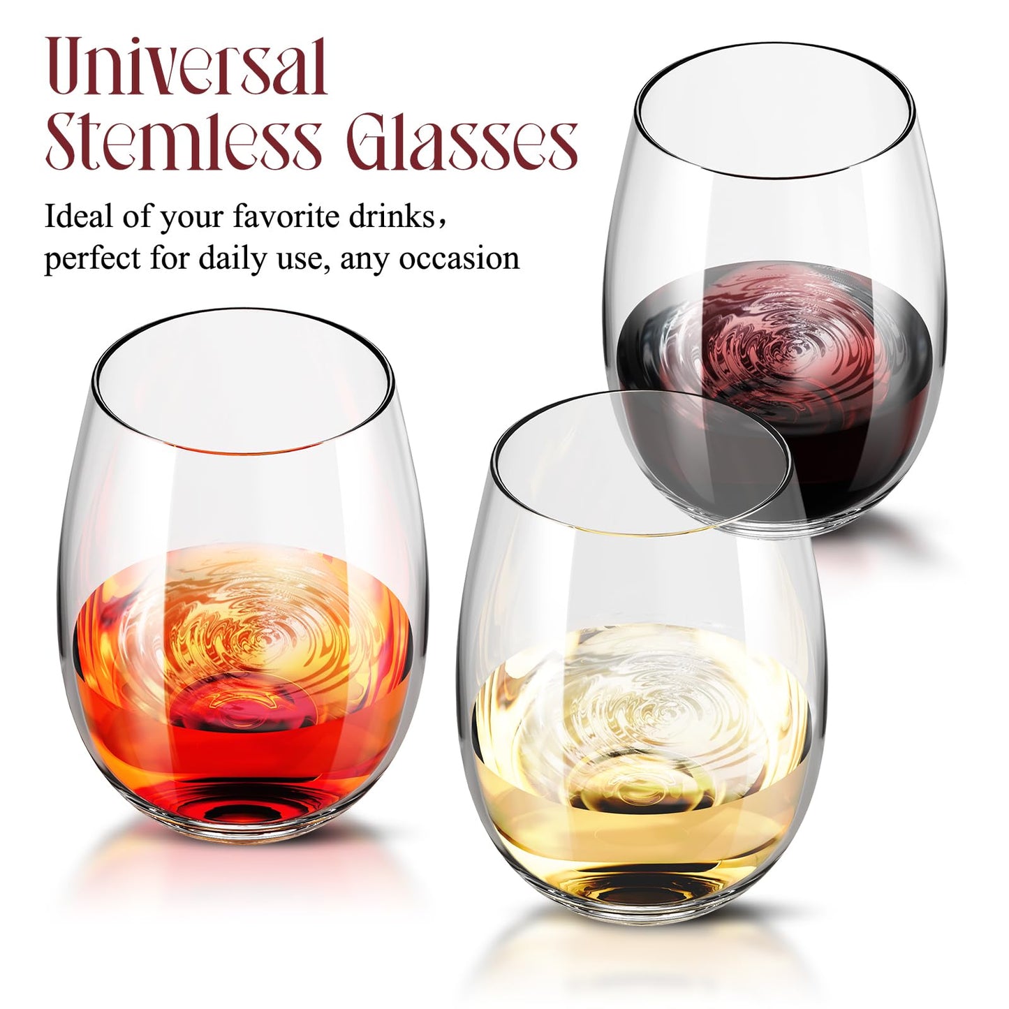CHENGO Stemless Wine Glasses Set of 4 for Daily Use, 18oz Premium Stemless Red or White Wine Crystal Glass, No Stem Wine Glasses, Gifts for Wedding, Anniversary, Hosting, Birthday