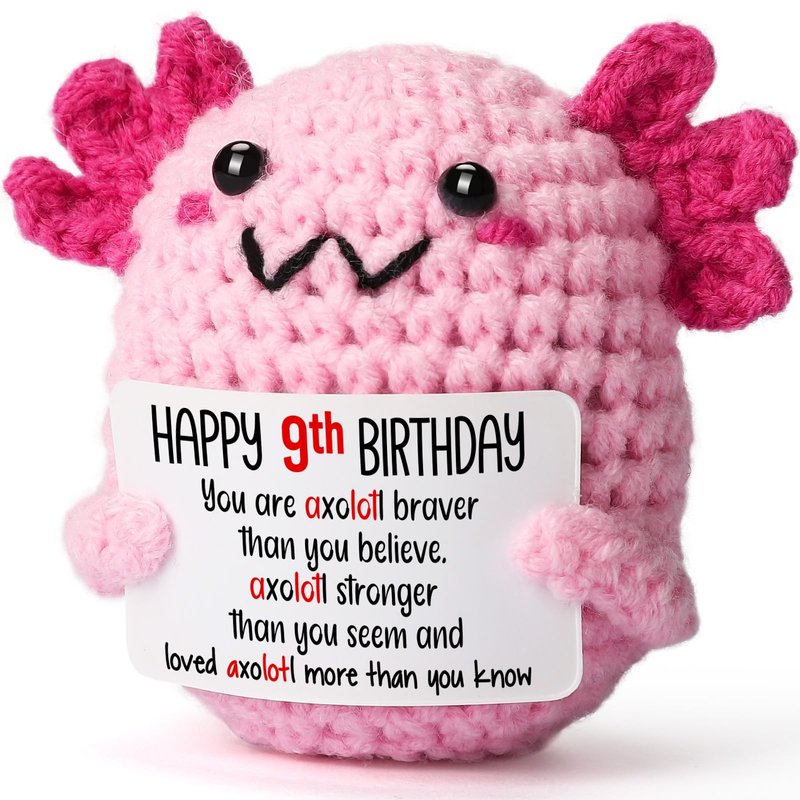 WEYON 9 Year Old Girl Birthday Gift Ideas, Mini Crochet Axolotl Plush for 9th Birthday Gift for Girls, 9th Pink Decorations, 9 YO Presents Axolotl Toy