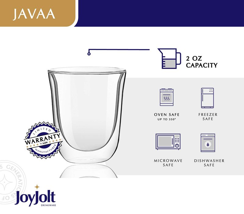 JoyJolt Javaah Double Walled Espresso Glasses Espresso Cups Set of 4 | 2-Ounces