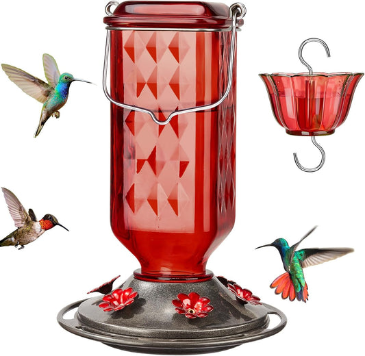 Kingsyard Hummingbird Feeder - 24 Ounce Glass Nectar Feeder with 6 Ports & Ant Moat | Red Garden Décor