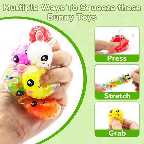 Easter Basket Stuffers 24 Pack Prefilled Easter Eggs with Bunny Stress Ball Fidget Toy 12 Color Squeeze Squishy Relief Toy for Kids Boys Girls Filler Easter Egg Hunt Party Favors Gifts Classroom Prize