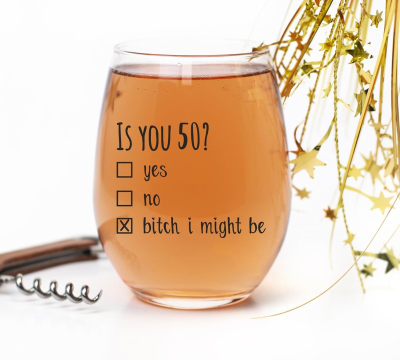 Gelid 50th Birthday Gifts for Women and Men Wine Glass - Funny Is You 50 Gift Idea for Mom Dad Husband Wife – 50 Year Old Party Supplies Decorations for Him, Her - 15oz