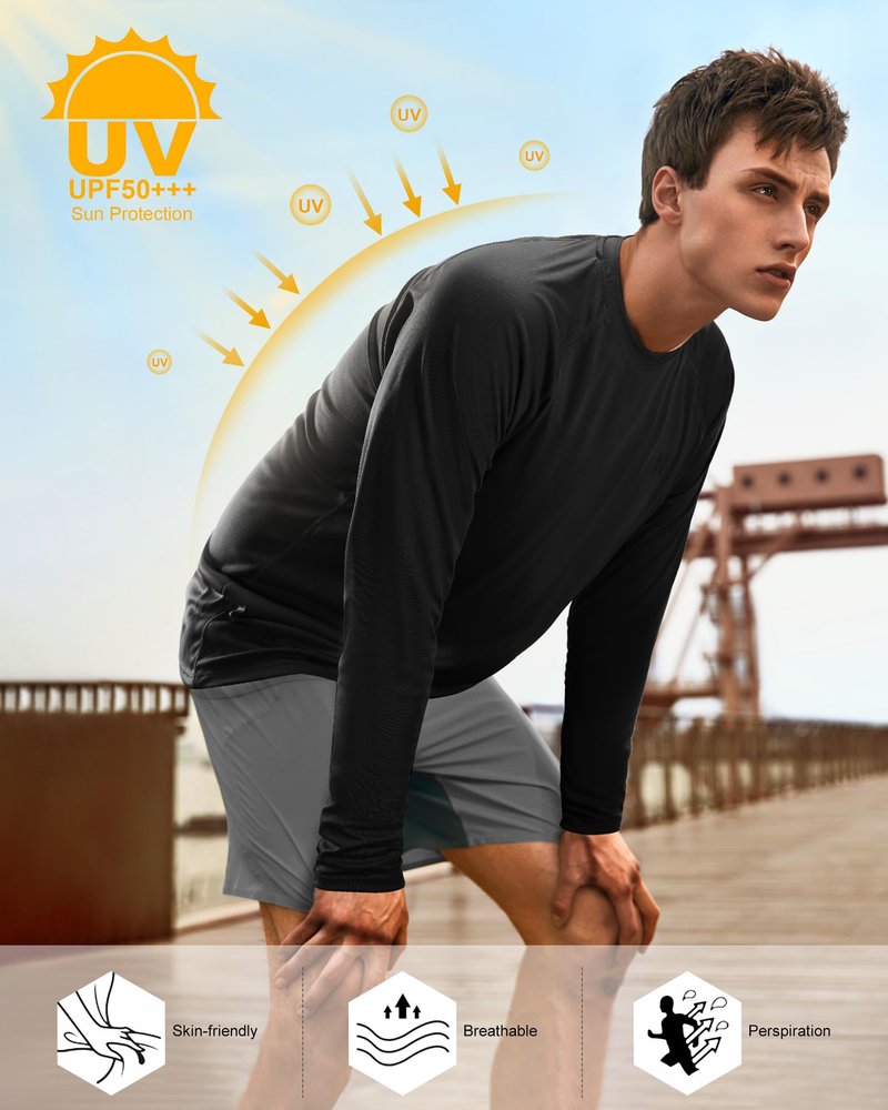isnowood Sun Protection Shirts for Men, UPF 50+ Long Sleeve, UV Quick Dry Rash Guard Swim Shirt for Fishing Hiking Running
