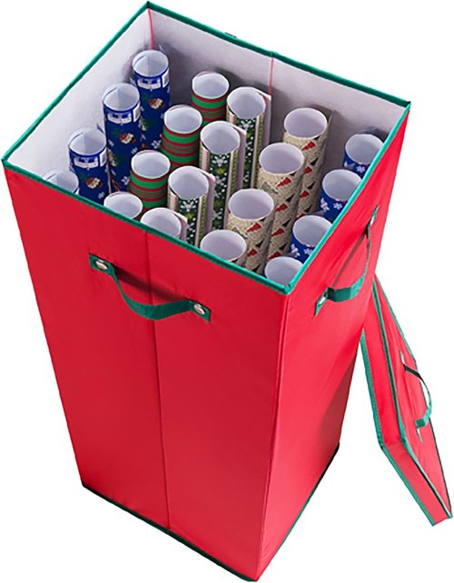 Elf Stor Wrapping Paper Storage Box - Holds 20 Rolls of 30” Gift Wrap - Upright Container with Lid & Dividers (Red)