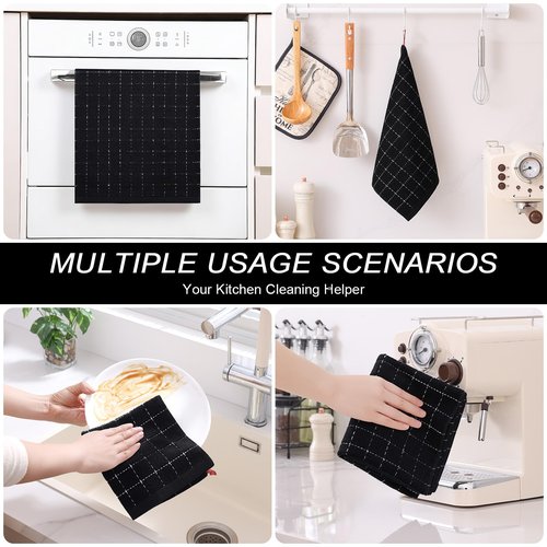Homaxy Kitchen Towels and Dishcloths Set, 12 x 12 and 13 x 28 Inches, Set of 8 Bulk Cotton Terry Kitchen Towels Set, Checkered Designed, Soft and Super Absorbent Dish Towels, Black