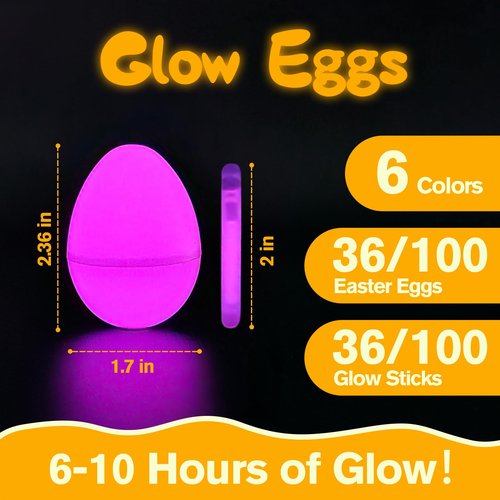 GooComfy 36 Easter Glow Eggs with 36 Mini Glow Sticks for Kids Glow-In-The-Dark Easter Egg Hunt Game, Basket Stuffers Fillers Gift, Party Favors Decorations Supplies, Classroom Prizes