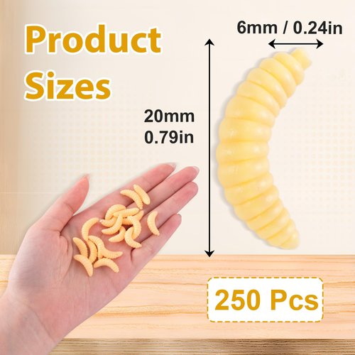HINZIC 250Pcs Halloween Fake Worms, 20mm Soft Fishing Lure Plastic Maggots Baits Worm Realistic Wax Worm for Freshwater Ice Lure Fishing Bass