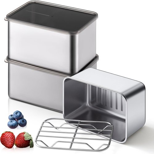 Hushee 3-Piece Stainless Steel Food Storage Containers - Airtight with Removable Drain Tray | 30 oz, 5.12 x 3.74 x 2.76 Inch