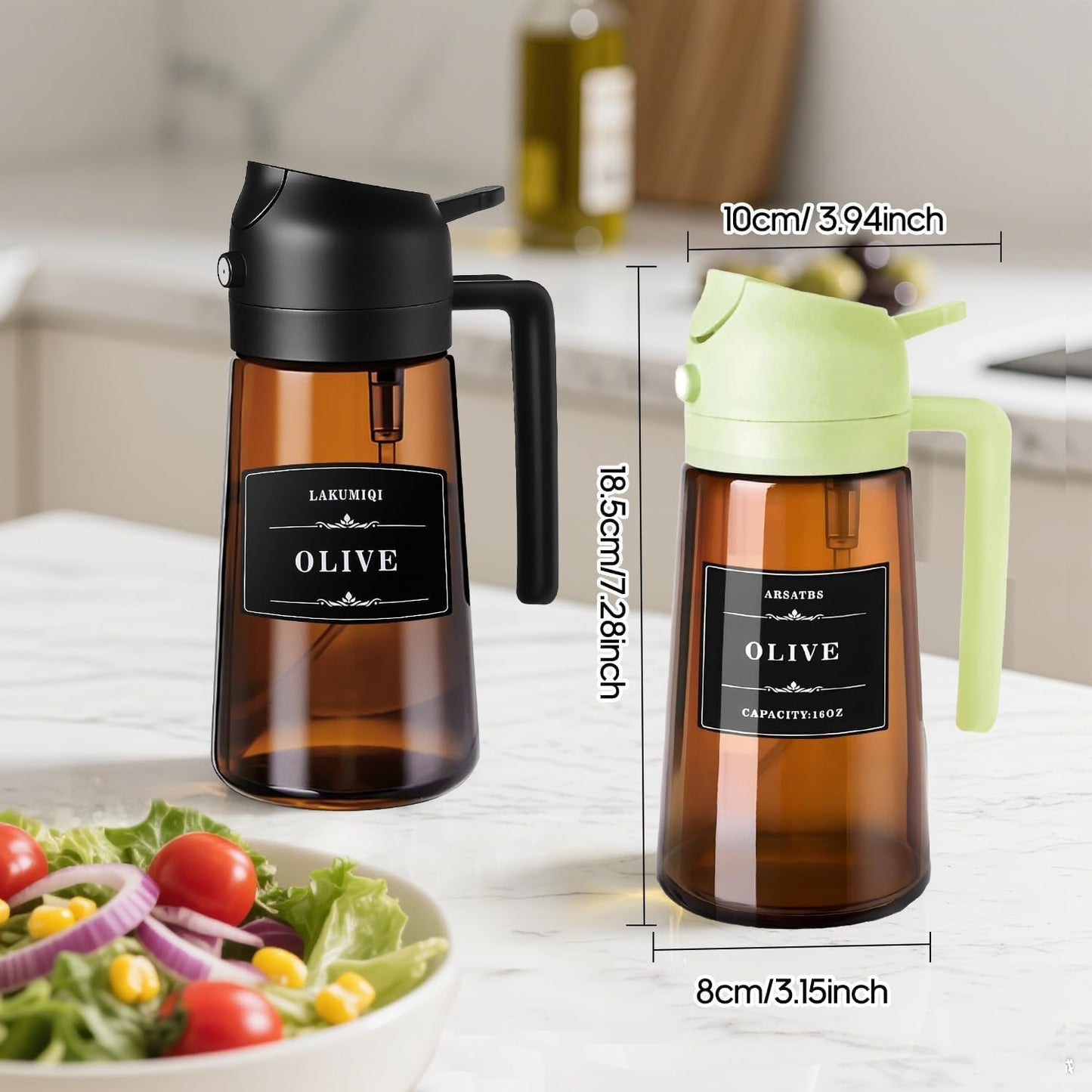 Skiennix 16oz Olive Oil Sprayer - 2-in-1 Dispenser Bottle for Cooking & Salad | Premium Dark Brown Glass
