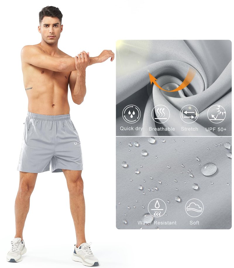 NORTHYARD Men's Athletic Running Shorts Gym Workout 7"/9"/5" Quick Dry Lightweight Sports Basketball Tennis 3 Zipper Pockets GREY-5inch 4XL