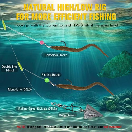 Dovesun High Low Rigs Fishing Saltwater 60lb Pre-Tied Hi/Lo Strong Unique T Knot Bottom Surf Fishing Rigs with 3/0 Hook 10PCS
