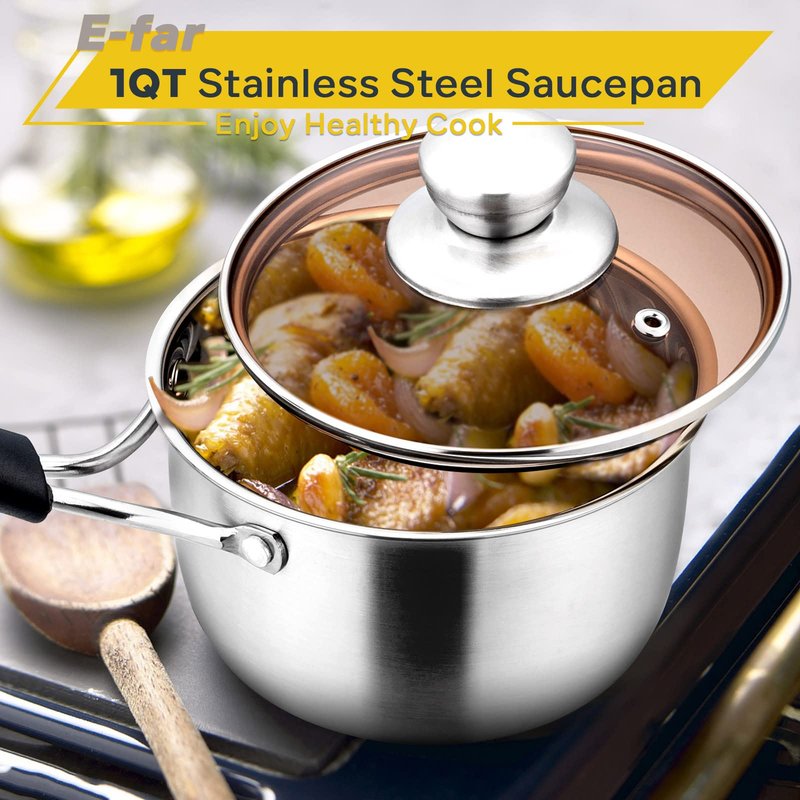 E-far 1 Quart Saucepan with Lid, Stainless Steel Small Sauce Pot with Glass Lid for Cooking, Easy Clean & Rust Free, Dishwasher Safe