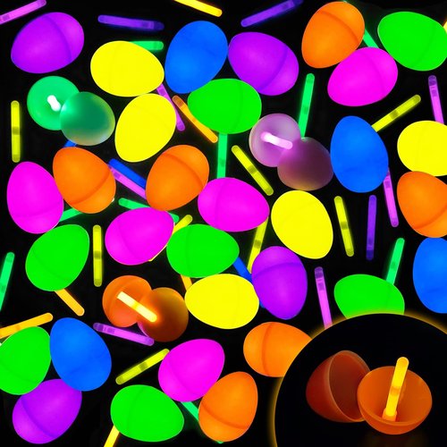 GooComfy 36 Easter Glow Eggs with 36 Mini Glow Sticks for Kids Glow-In-The-Dark Easter Egg Hunt Game, Basket Stuffers Fillers Gift, Party Favors Decorations Supplies, Classroom Prizes