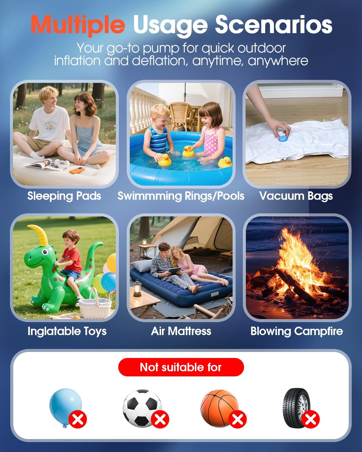 Skiennix Portable Electric Air Pump - 2600mAh Fast Inflator with 5 Nozzles & 3 Lighting Options | Ideal for Air Mattresses, Pool Floats, & Vacuum Bags