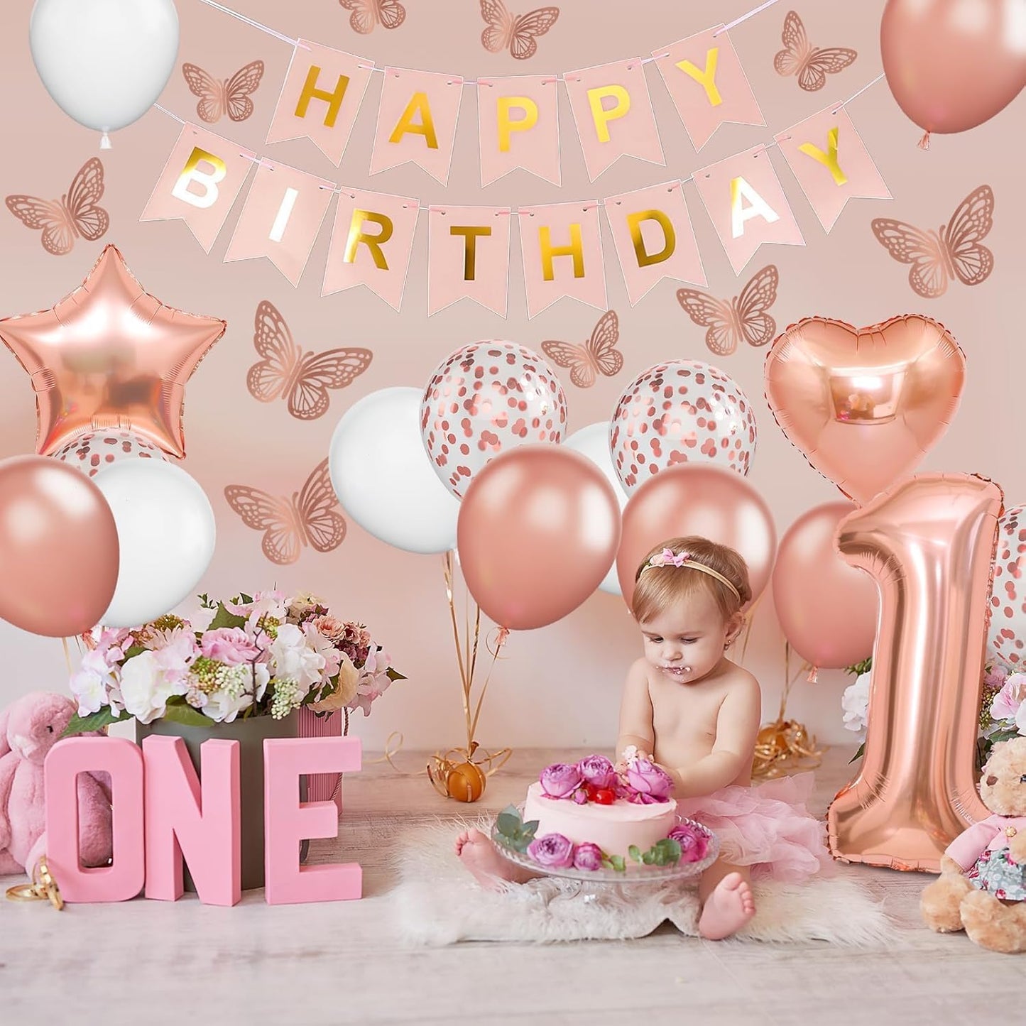 Regine Switzerland 1st Birthday Decoration - Rose Gold Balloon Set with Butterfly Stickers & Foil Balloons