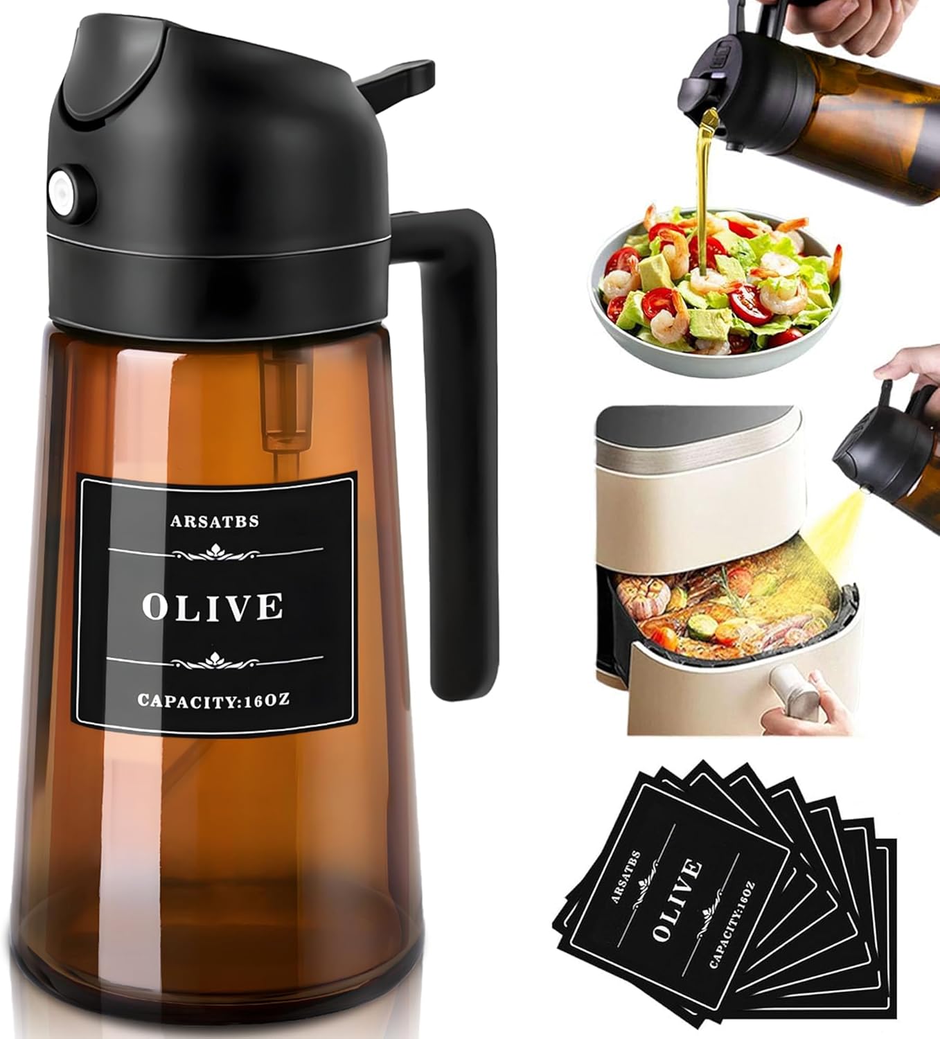 Skiennix 16oz Olive Oil Sprayer - 2-in-1 Dispenser Bottle for Cooking & Salad | Premium Dark Brown Glass