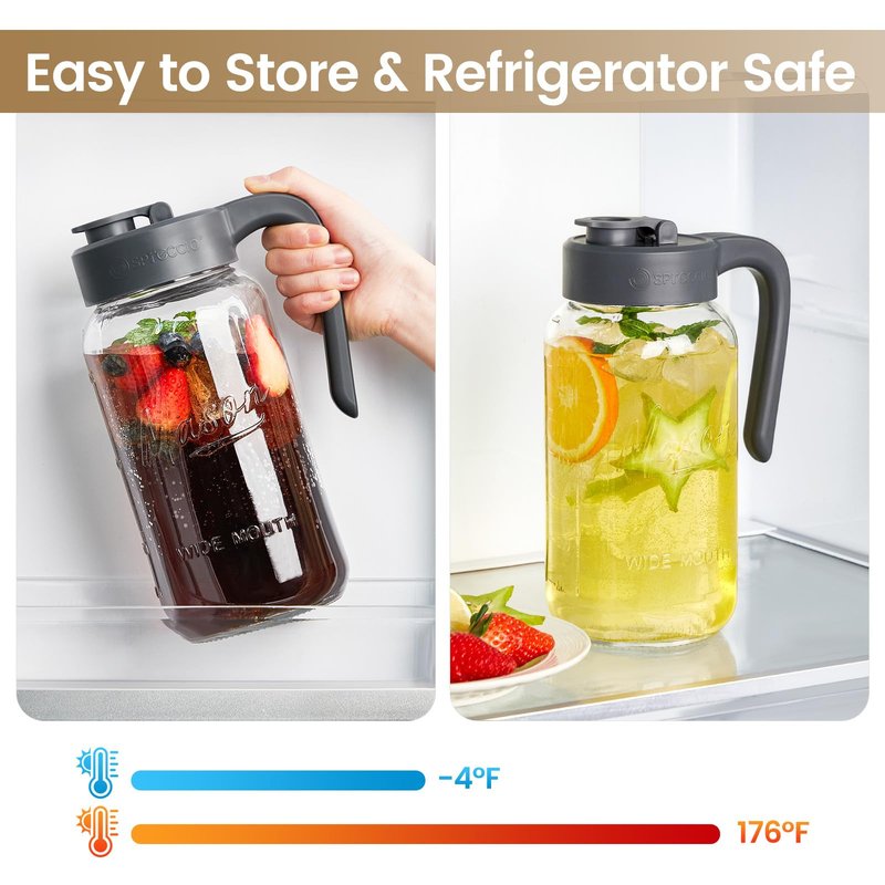 Spreccio 64 oz Mason Jar Pitcher with Lid - Wide Mouth, 2 Quart Glass Water Pitcher with Lid - Heavy Duty, Leak Proof - Sun & Iced Tea, Cold Brew Coffee, Lemonade, Breast Milk Storage