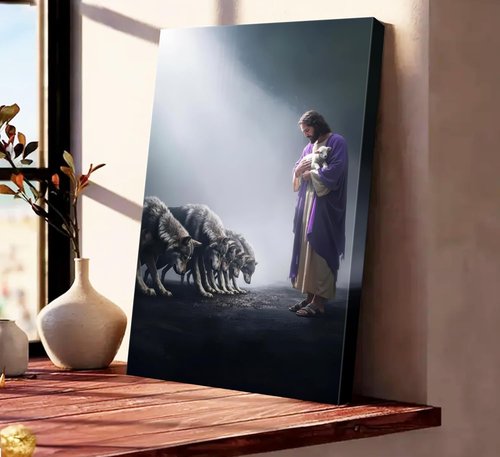 Jesus and Lamb Canvas Wall Art - Christian Shepherd Protects Lamb | Inspirational Home Decor