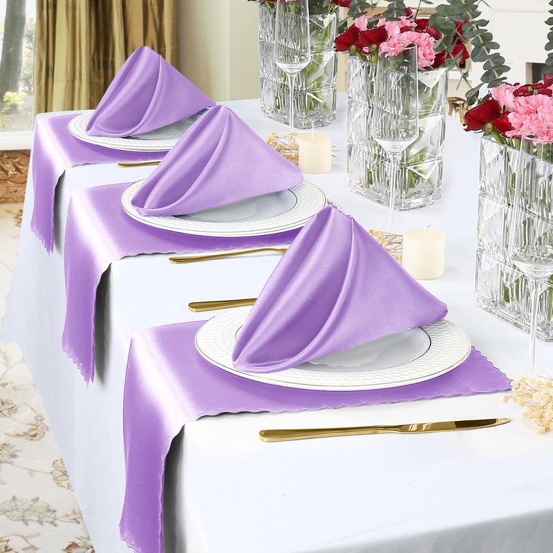 Homiest 12 Pack Light Purple Satin Dinner Napkins - 17x17 Inches, Scalloped, Silky Elegant Wedding & Party Napkins