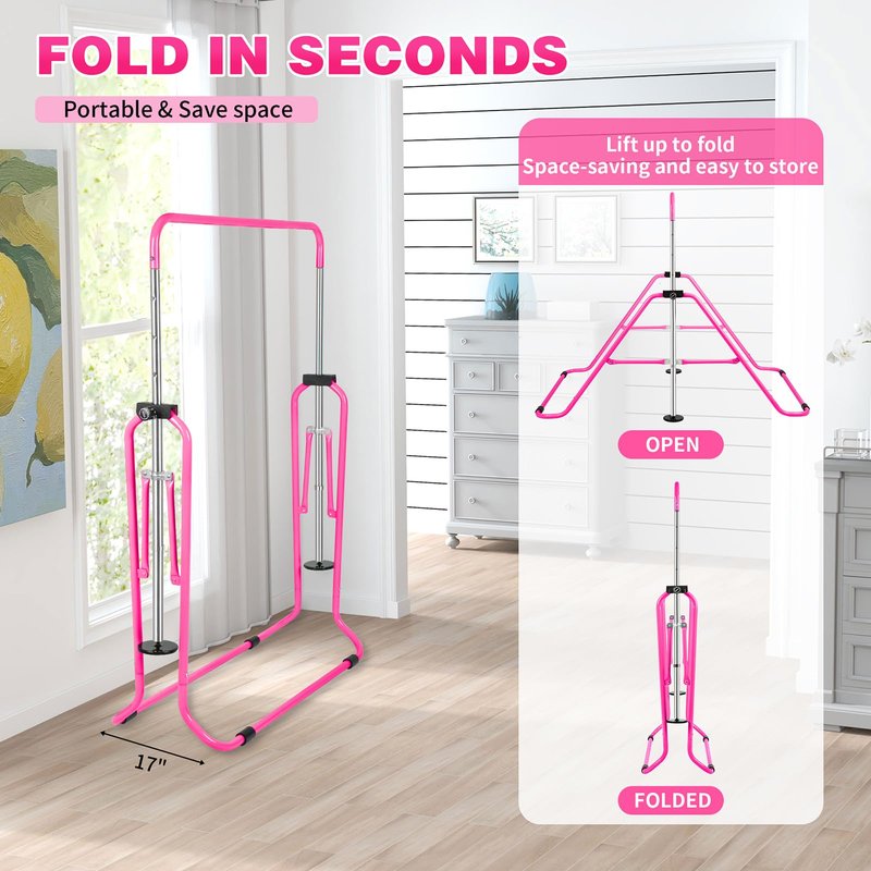 Bighaki808 Gymnastics Bars Kids Training Bars for Home, Folding Horizontal Bars with Adjustable Height Expandable Gymnastics Equipment Junior Kip Bar for Girls & Boys (Pink)