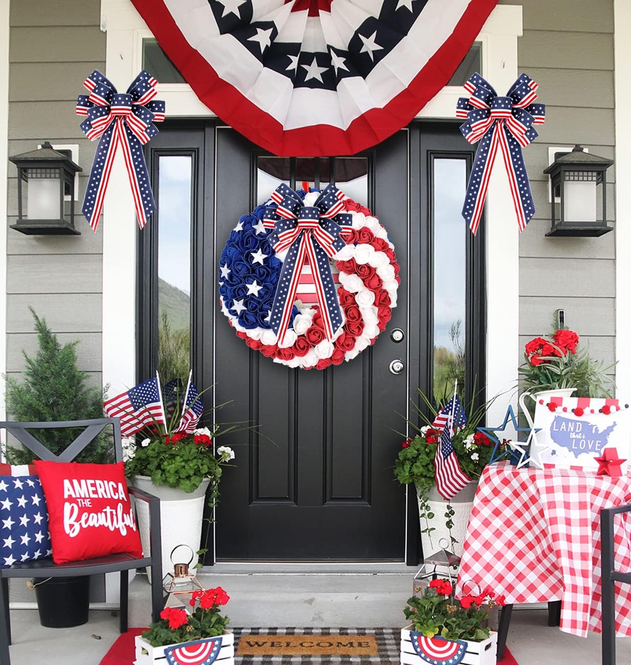 Patriotic 4th of July Decor Bow by [Brand Name] - Red, White & Blue Stripe Stars | Perfect for Wreaths & Tree Toppers