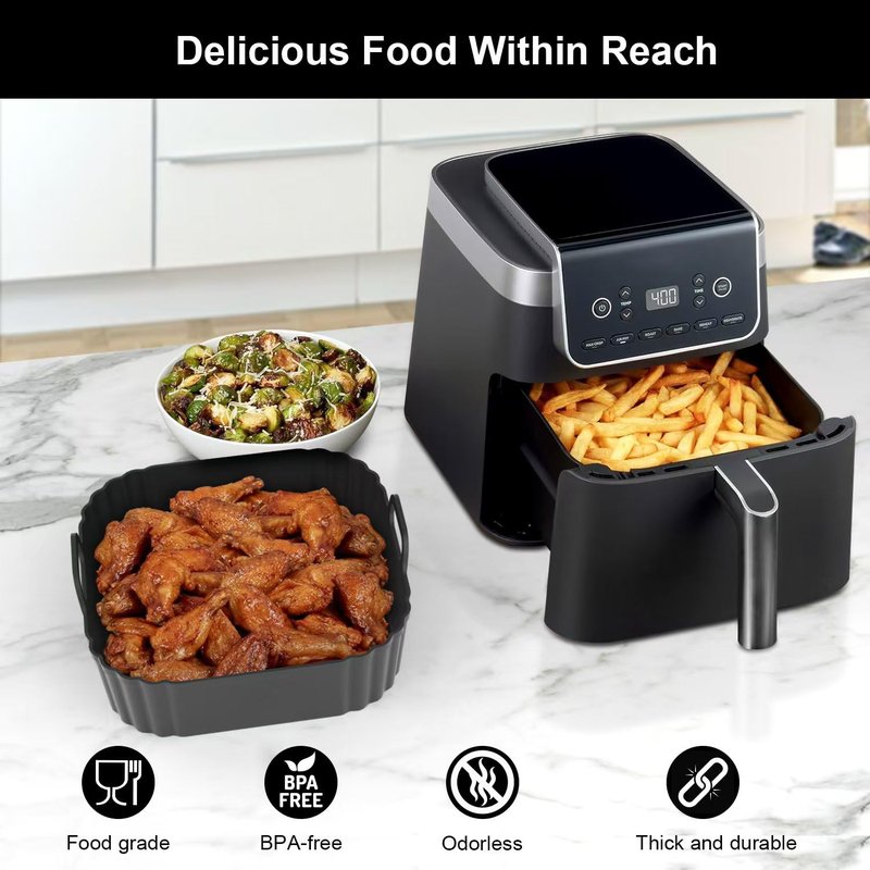 PINTAUR Square Silicone Air Fryer Liners 2 Pack, Compatible with Ninja AF141 181, 8.5 Inch Air Fryer Liners for COSORI 5-6.5 QT, Reusable Silicone Basket, Air Fryer Accessories