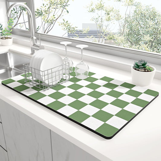 Rnivvi Dish Drying Mat - Absorbent Non-Slip Draining Pad for Kitchen Counter | 12 x 19 Inches, Green & White Checkered