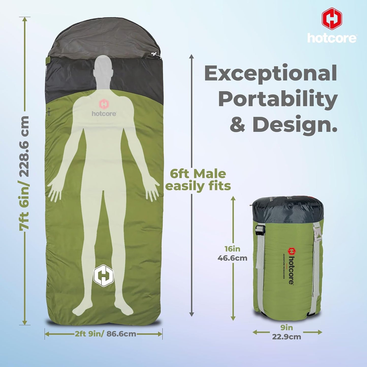 R Series Lightweight Compact Sleeping Bag - Multi-Season, 44°F to -22°F, 90” x 34”