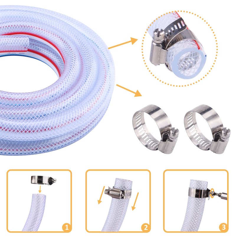 DERPIPE Soft Braided PVC Tubing - 1/2" x 3/4" OD High Pressure Clear Flexible PVC Tube Reinforced Vinyl Hose for Water, Oil with 2pcs Hose Clamps (10Ft)